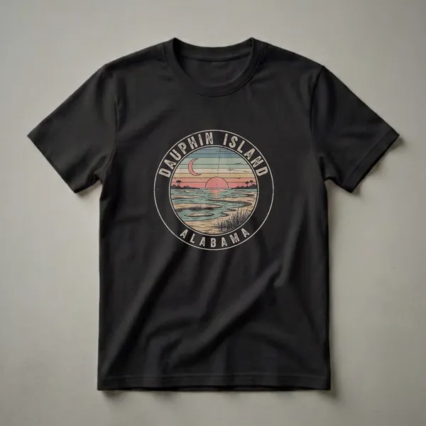 Black t-shirt featuring a circular retro graphic of Dauphin Island, Alabama at sunset, with a crescent moon, palm trees, and coastal water channels.