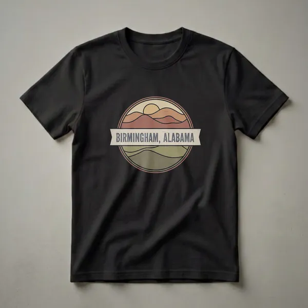 Black t-shirt featuring a circular retro graphic with rolling hills, a setting sun, and the text 'BIRMINGHAM, ALABAMA' on a banner.