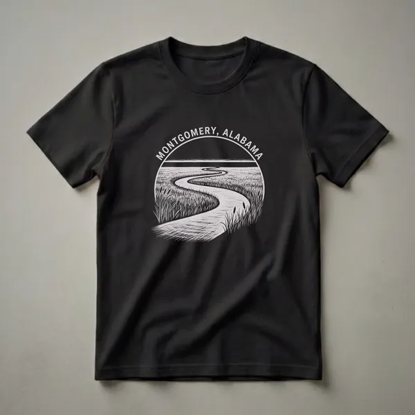 Black t-shirt with a vintage sketch art design of a winding path through tall grass under a dark horizon, with 'MONTGOMERY, ALABAMA' arched above.