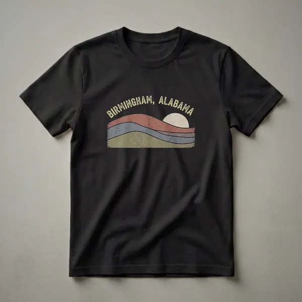 Black t-shirt with a vintage graphic featuring rolling hills in muted colors and a sunset, with 'BIRMINGHAM, ALABAMA' arched above.