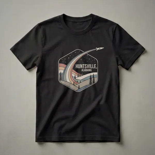 Black t-shirt featuring a retro hexagonal graphic of a rocket launching over rolling hills and pine trees, with the text "HUNTSVILLE, ALABAMA".