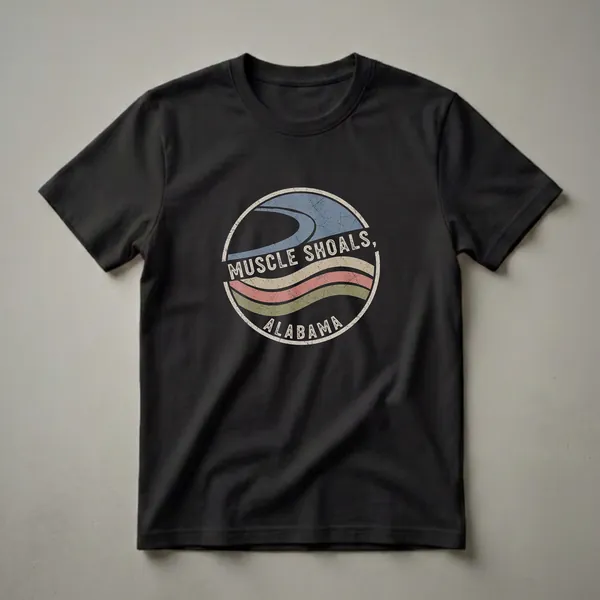 Black t-shirt with a distressed circular graphic featuring wavy lines and the text 'MUSCLE SHOALS, ALABAMA' in retro colors.