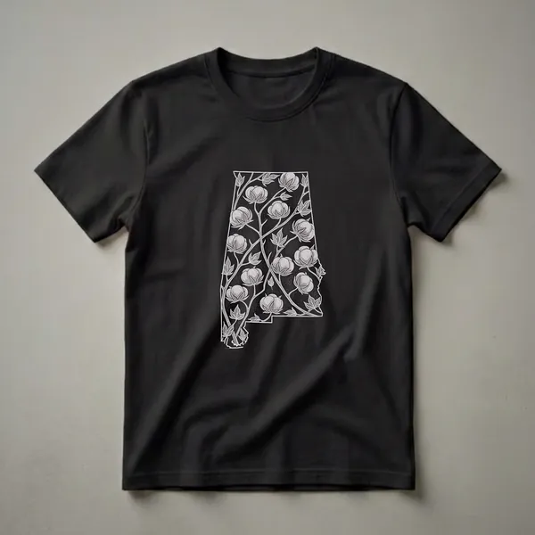 Black t-shirt featuring the outline of Alabama filled with a white line-art design of cotton plants, bolls, and leaves.