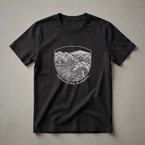 Black t-shirt featuring a vintage sketch art design of a landscape with trees, rolling hills, a winding river, and the text 'TUSCALOOSA, ALABAMA' within a shield emblem.
