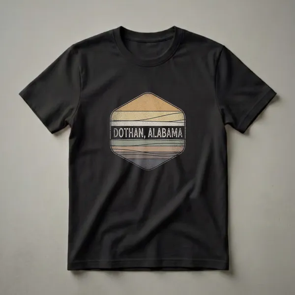 A retro graphic t-shirt design featuring horizontal stripes in muted earth tones and the text 'DOTHAN, ALABAMA' in a distressed white font within a hexagonal shape.
