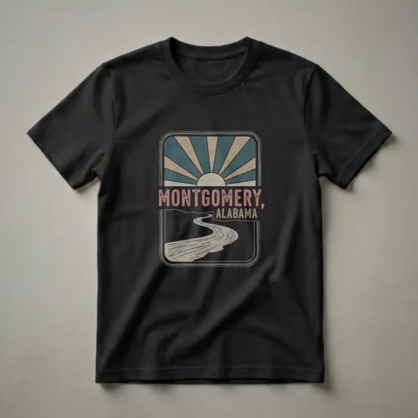 Black graphic t-shirt with a retro design featuring a teal and tan sunburst over the text 'MONTGOMERY, ALABAMA' and a winding road.