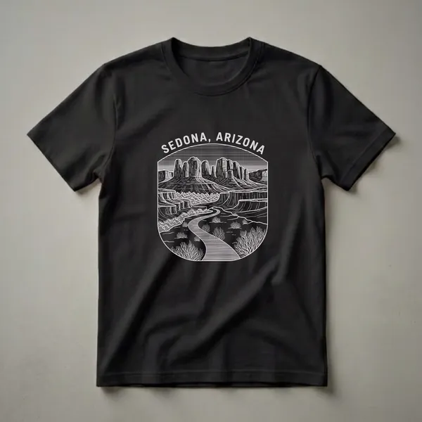 Black t-shirt with a white line art graphic depicting the red rock landscape of Sedona, Arizona, including mesas and a winding path.