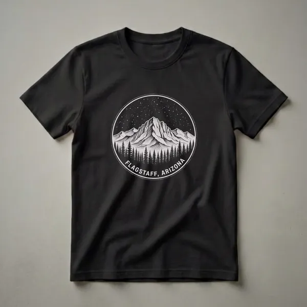 Black t-shirt with a circular vintage sketch art design of the Flagstaff, Arizona mountains and pine trees under a starry night sky.