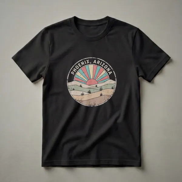 Black graphic t-shirt featuring a circular retro emblem of Phoenix, Arizona with a desert landscape and a colorful sunburst.