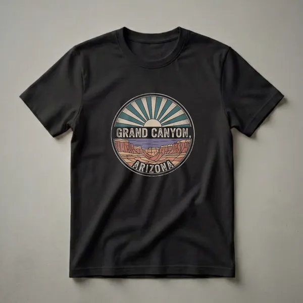 Retro graphic t-shirt featuring a circular design of the Grand Canyon at sunrise, with the words 'Grand Canyon, Arizona' in vintage lettering.
