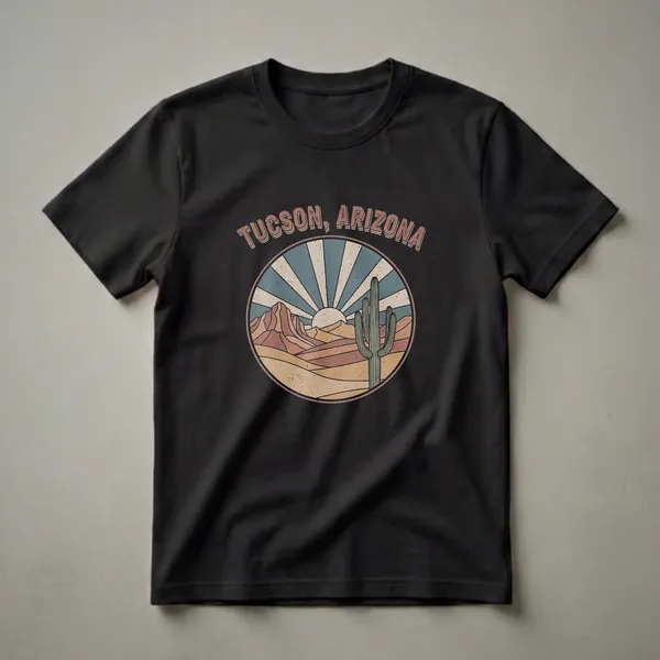 Black t-shirt with a retro graphic design of Tucson, Arizona, featuring saguaro cacti, mountains, and a sunburst in muted desert colors.