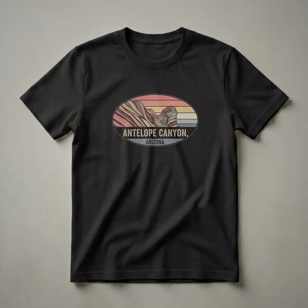 Black t-shirt featuring a retro oval graphic of Antelope Canyon, Arizona, with layered sandstone formations and a vintage sunset color palette.