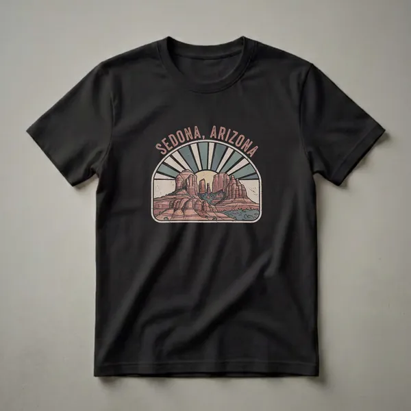 Black t-shirt with a retro graphic design of Sedona, Arizona's red rock formations under a sunburst, featuring distressed textures and text.
