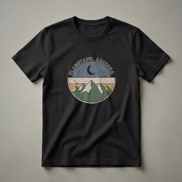Black t-shirt with a circular retro graphic of Flagstaff, Arizona, showing a crescent moon above green and white mountains.