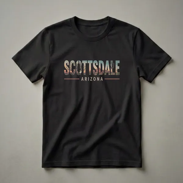 Black t-shirt featuring the word SCOTTSDALE filled with a retro desert landscape scene including saguaro cacti, mountains, and a sunset, with ARIZONA printed below.