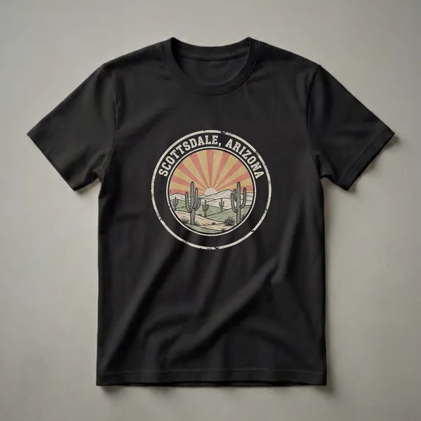 Retro Scottsdale Arizona graphic t-shirt featuring a desert landscape with saguaro cacti, mountains, and a sunburst in vintage colors.