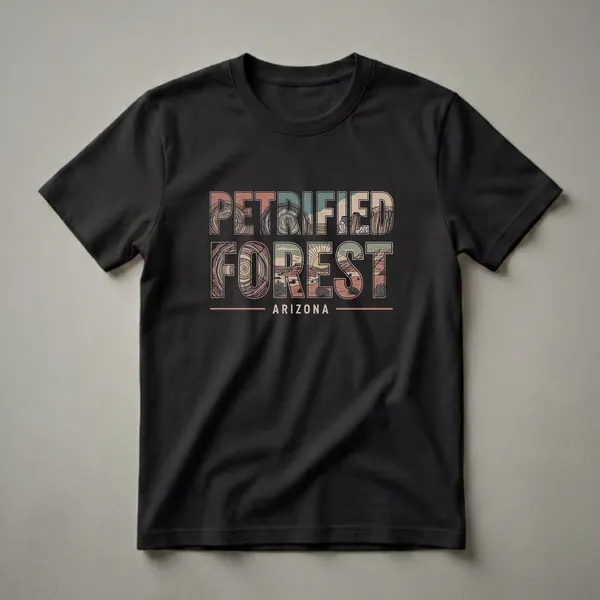 Black t-shirt with retro graphic art spelling out 'PETRIFIED FOREST ARIZONA' filled with desert landscapes and petrified wood textures.