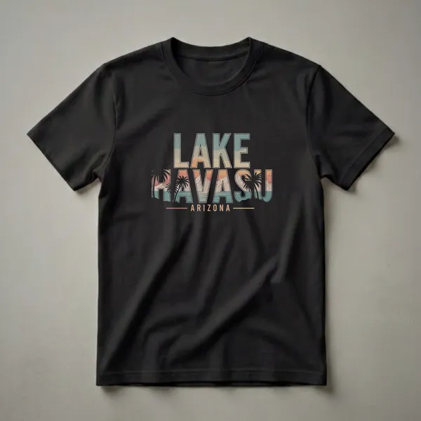 Black graphic t-shirt with retro design featuring 'LAKE HAVASU ARIZONA' text, a sunset, mountains, palm trees, and water.