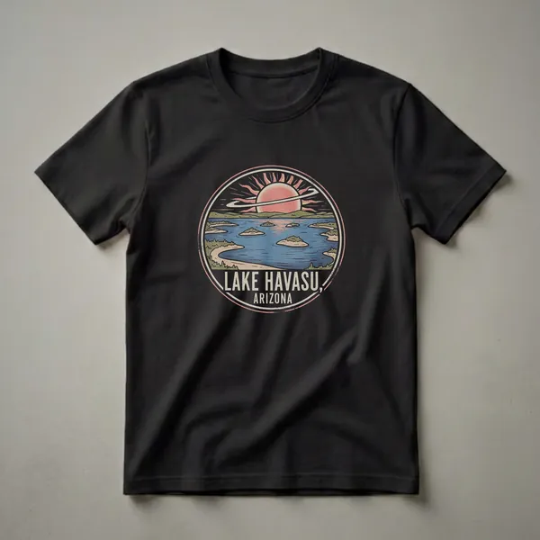 Black t-shirt featuring a circular retro graphic of Lake Havasu, Arizona at sunset with islands and a distressed finish.