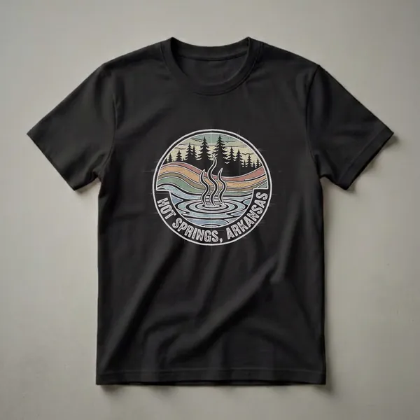 Black t-shirt with a circular retro graphic of Hot Springs, Arkansas, featuring steaming water, pine trees, and layered hills in vintage colors.