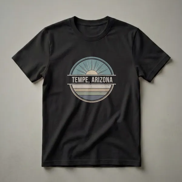 Black t-shirt featuring a retro circular emblem with a sunburst design and the text 'TEMPE, ARIZONA' in distressed vintage colors.