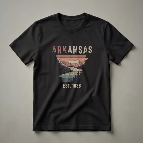 Black t-shirt with a retro graphic design of the Arkansas state outline filled with a landscape of mountains, a river, pine trees, and a sunset, with 'ARKANSAS EST. 1836' text.