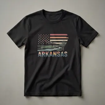 Arkansas American Flag Retro Landscape Graphic T-Shirt for State Pride