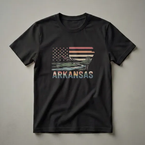 Black t-shirt with a distressed American flag graphic overlaying a vintage landscape of mountains, a river, and trees, with the word 'ARKANSAS' in retro lettering.