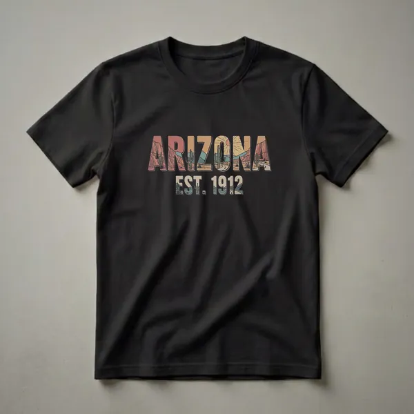 Black t-shirt with vintage graphic art that spells ARIZONA filled with a desert landscape and EST. 1912 below.