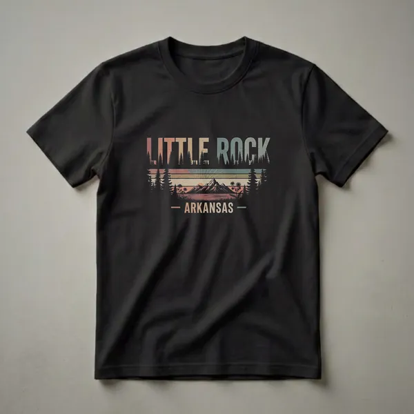 Black t-shirt with a retro graphic design featuring the words "LITTLE ROCK ARKANSAS" over a mountain range, lake, pine trees, and a sunset.