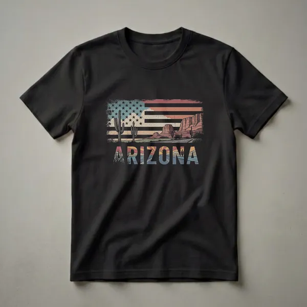 Black t-shirt featuring a distressed American flag graphic with a desert landscape including saguaro cacti, rock formations, and the word ARIZONA in stylized retro lettering.