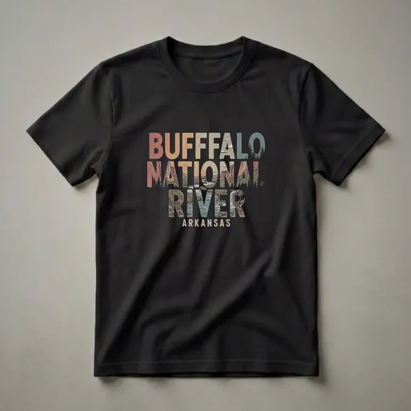 Black t-shirt with retro graphic design spelling BUFFALO NATIONAL RIVER ARKANSAS, featuring detailed landscape art of cliffs, rivers, trees, and a waterfall within the letters.