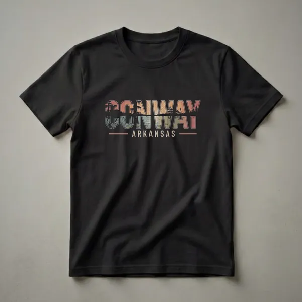 Black t-shirt featuring a retro graphic design with the word CONWAY filled with a swampy landscape and sunset, and ARKANSAS written below.