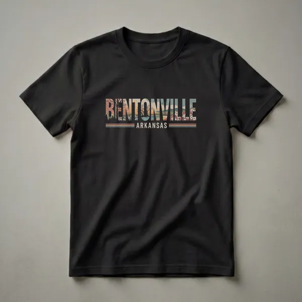 Black t-shirt with a retro graphic design featuring the word BENTONVILLE filled with a landscape scene of trees, river, and hills, and ARKANSAS below with vintage stripes.