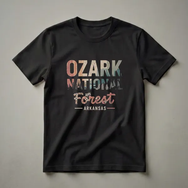 Black t-shirt with retro graphic design for Ozark National Forest, Arkansas, featuring distressed text and a forest landscape with pine trees and ferns.