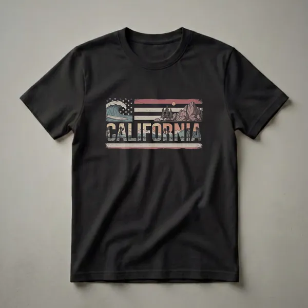 A vintage graphic t-shirt design featuring the American flag with a California landscape including a surfing wave, mountains, pine trees, Joshua trees, and the word CALIFORNIA.