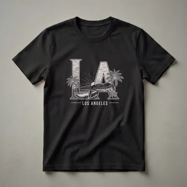 Black t-shirt with large 'LA' serif letters filled with an engraved palm tree, ocean wave, and mountain sunburst landscape, and 'LOS ANGELES' text below.