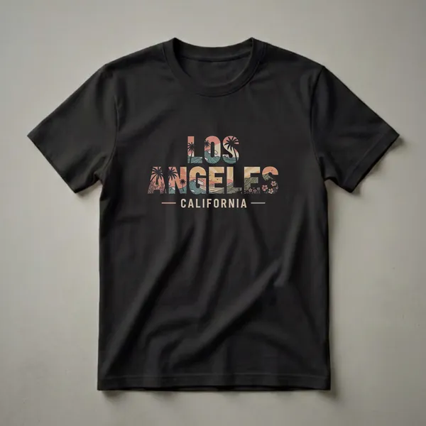 Black t-shirt with a retro graphic design that spells out 'LOS ANGELES CALIFORNIA' filled with a beach sunset scene, palm trees, waves, and wildflowers.