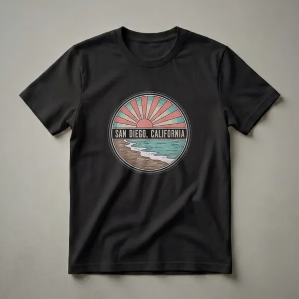 A retro graphic t-shirt design featuring a circular emblem with a sunset over the ocean and beach, and the text "SAN DIEGO, CALIFORNIA".