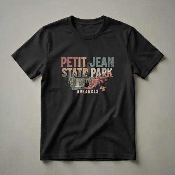 Black t-shirt with a retro graphic design of Petit Jean State Park, Arkansas, featuring a waterfall, canyon, pine trees, and vintage sunset.