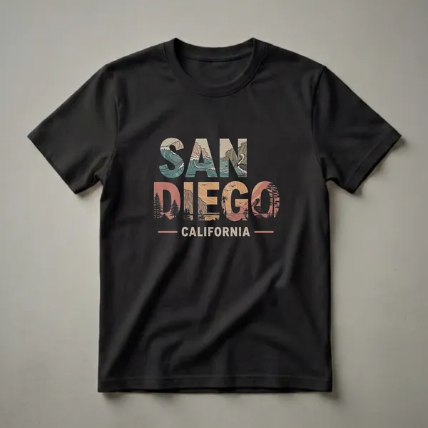 Black t-shirt with a retro graphic design that spells out 'SAN DIEGO CALIFORNIA' filled with imagery of ocean waves, cliffs, pelicans, palm trees, and a sunset.