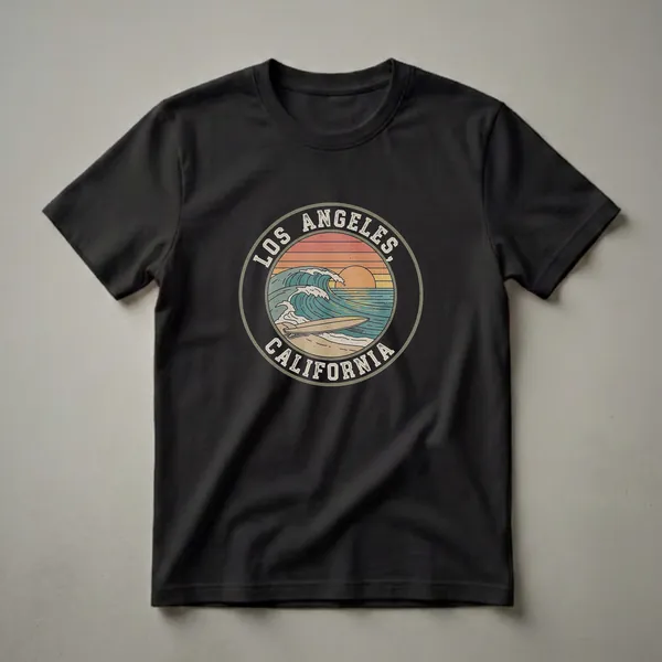 A retro graphic t-shirt featuring a circular design with 'Los Angeles California' text, a vintage sunset, crashing waves, and a surfboard on the beach.