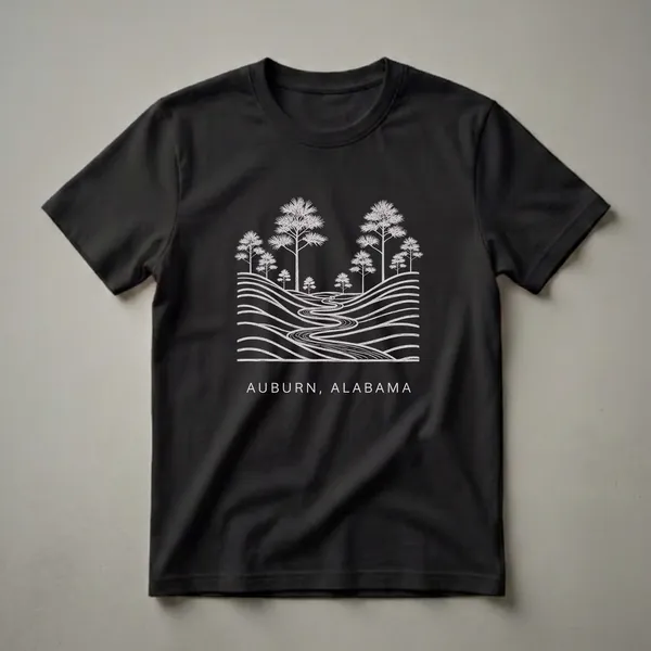 Black t-shirt with a white sketch art design of rolling hills, pine trees, and a winding river, with 'AUBURN, ALABAMA' text below.