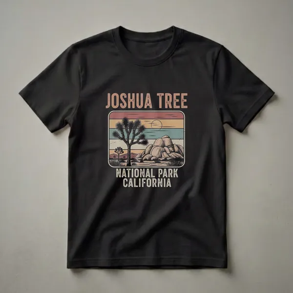 Black t-shirt featuring a retro illustration of Joshua Tree National Park, California, with a Joshua tree, rock formations, and a striped sunset.