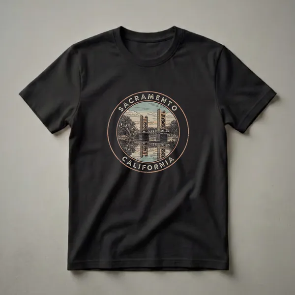 Black graphic t-shirt featuring a vintage circular design of the Sacramento Tower Bridge over the Sacramento River, with trees and clouds, and text reading 'SACRAMENTO CALIFORNIA'.