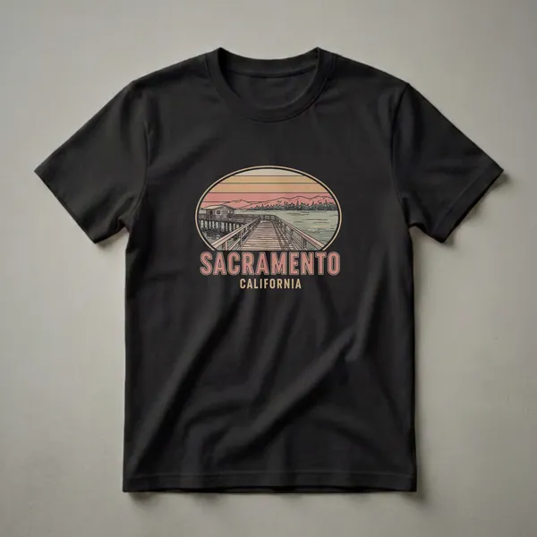 Black t-shirt with a retro graphic design of a wooden pier extending into a lake at sunset, with mountains in the background and 'SACRAMENTO CALIFORNIA' text.
