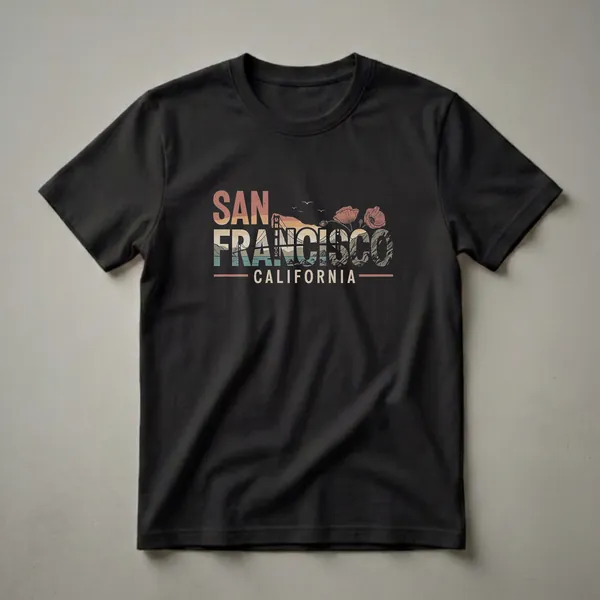 Black t-shirt featuring a retro graphic design of the San Francisco Golden Gate Bridge with poppies and the text 'SAN FRANCISCO CALIFORNIA'.