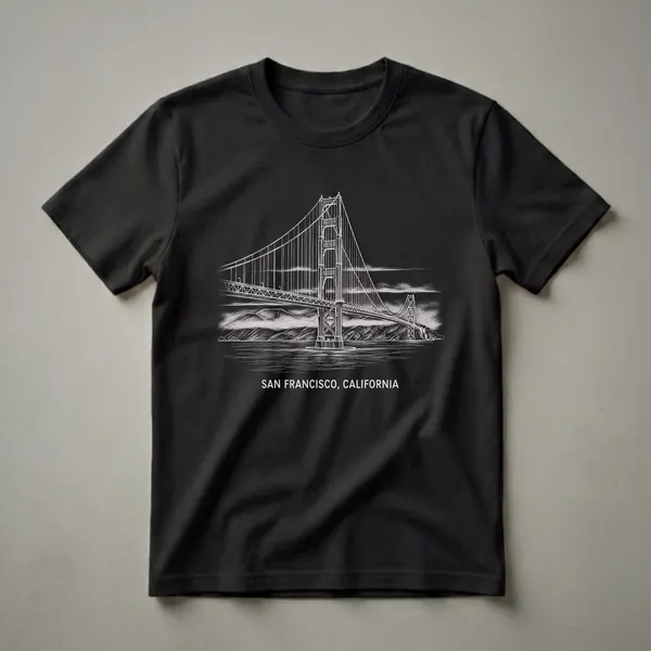 Black t-shirt with a white sketch art illustration of the Golden Gate Bridge, mountains, and water, with 'SAN FRANCISCO, CALIFORNIA' text below.
