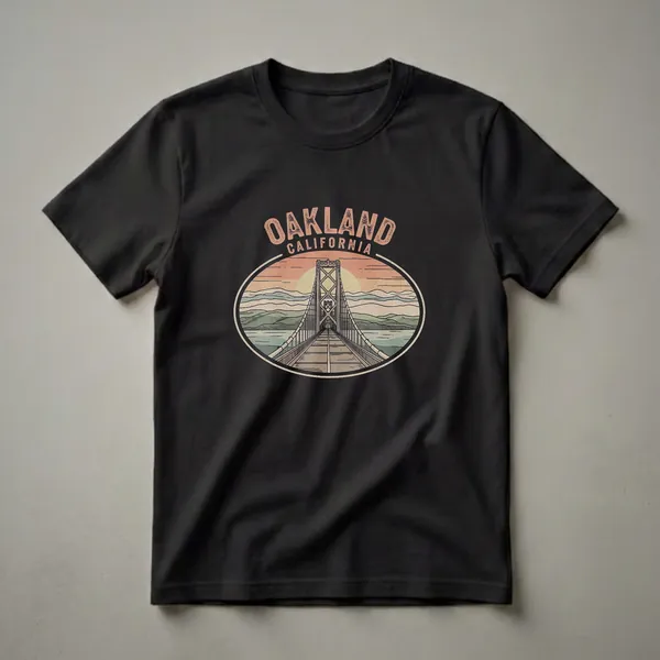 Black t-shirt with a retro graphic design of the Oakland Bay Bridge at sunset, featuring the words 'Oakland California' in a vintage font.