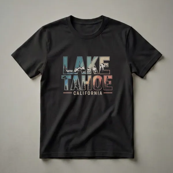 Black t-shirt featuring the words LAKE TAHOE CALIFORNIA in a retro font, filled with mountain and pine tree landscape graphics in muted blues, greens, and oranges.